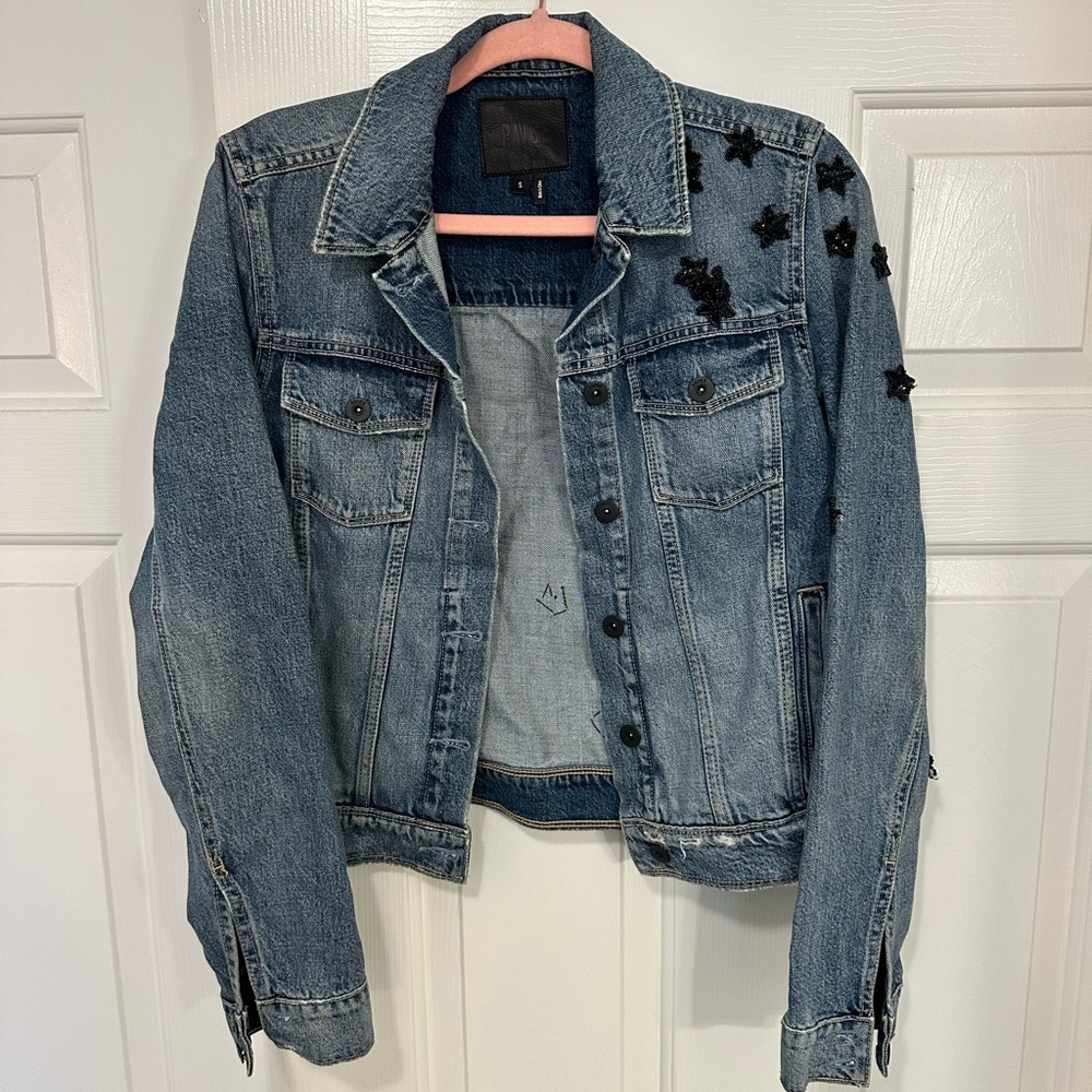 PAIGE Blue Denim Jacket with Black Star Details